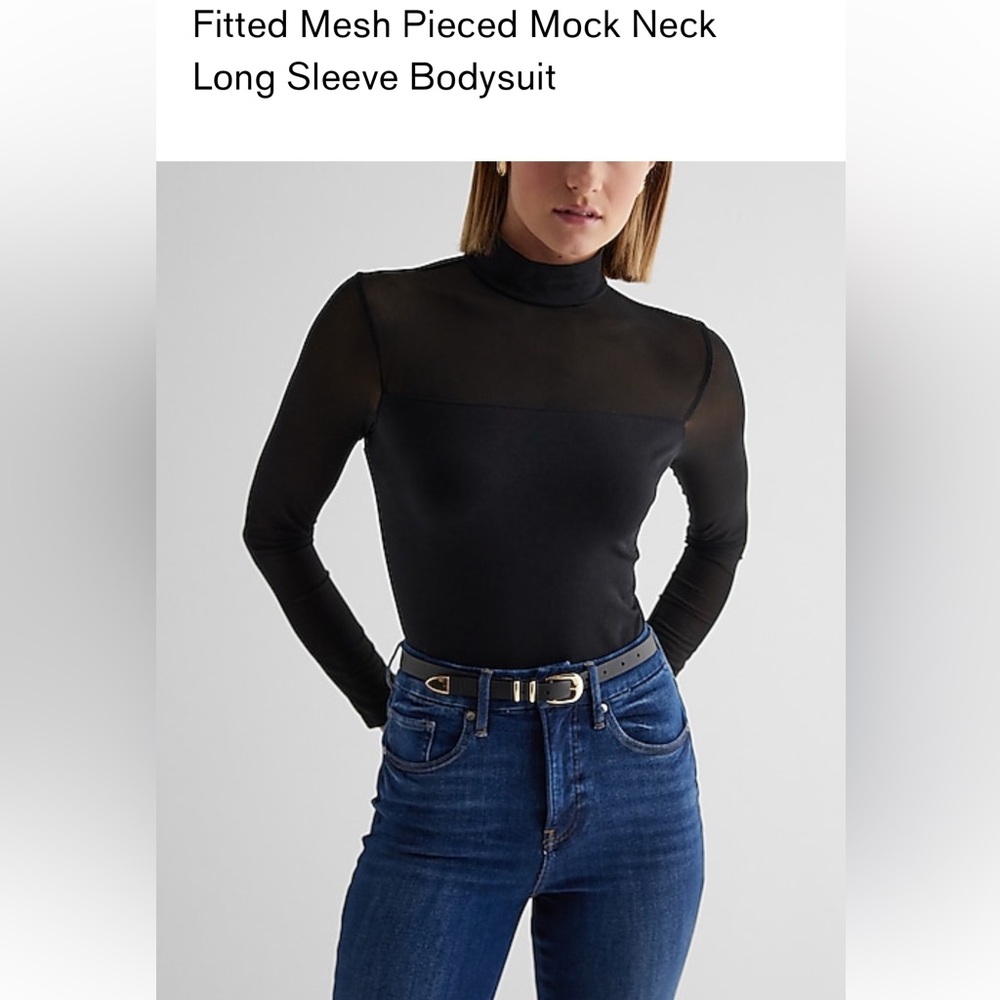Express Women’s Fitted Mesh Pieced Mock Neck Long Sleeve Bodysuit,Black Color,XL